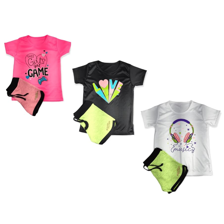 Kit 6 Peças Menina com 3 Blusas e 3 Shorts 2 a 8 anos