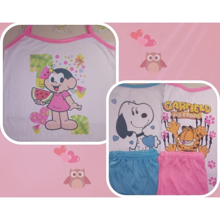 1 Pijama Blusinha de Alcinha Adulto Feminino Estampa Animado Short Liso