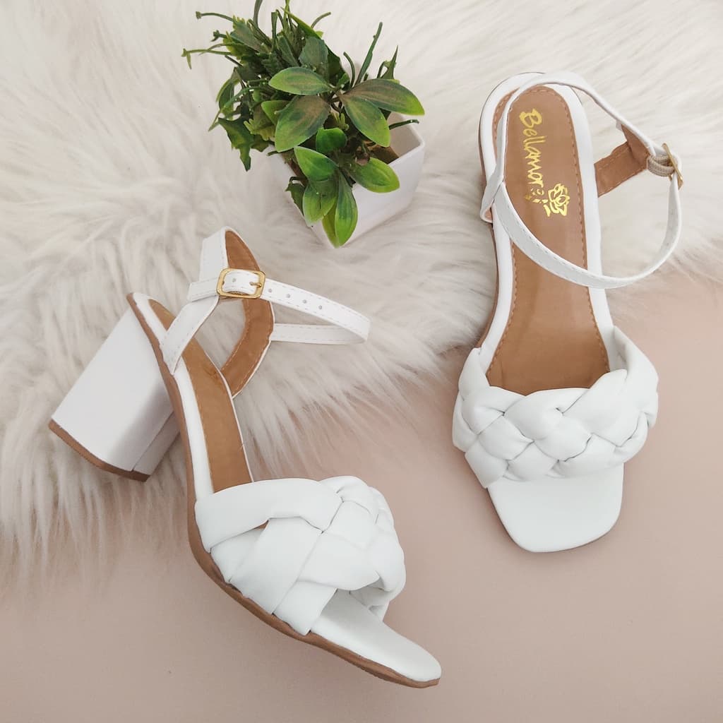 Sandalia Femenina Salto Grosso Médio Com Trança Confort Promoção Nude,Branco,Rosa,Preto,Dourado