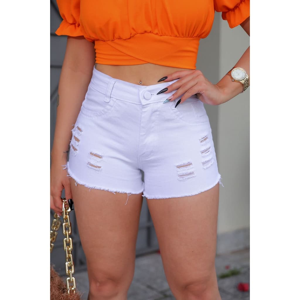 Shorts jeans feminino, branco, cintura alta, com laycra
