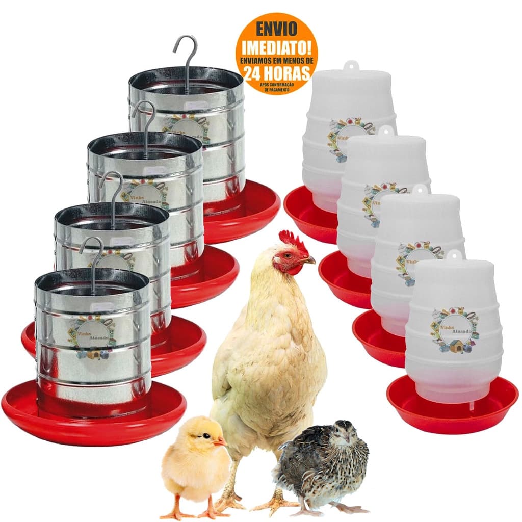 Kit 4 Comedouro Galvanizado Automático 3kg + 4 Bebedouro de Pendurar Automático Para Galinheiro Granja Frango Galinha