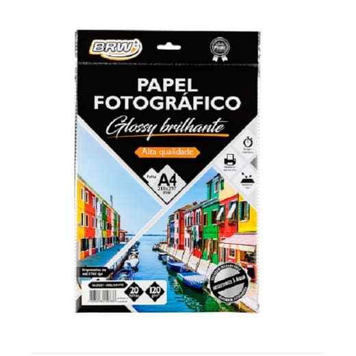 PAPEL FOTOGRÁFICO GLOSSY BRILHANTE 180GR 20 FOLHAS BRW