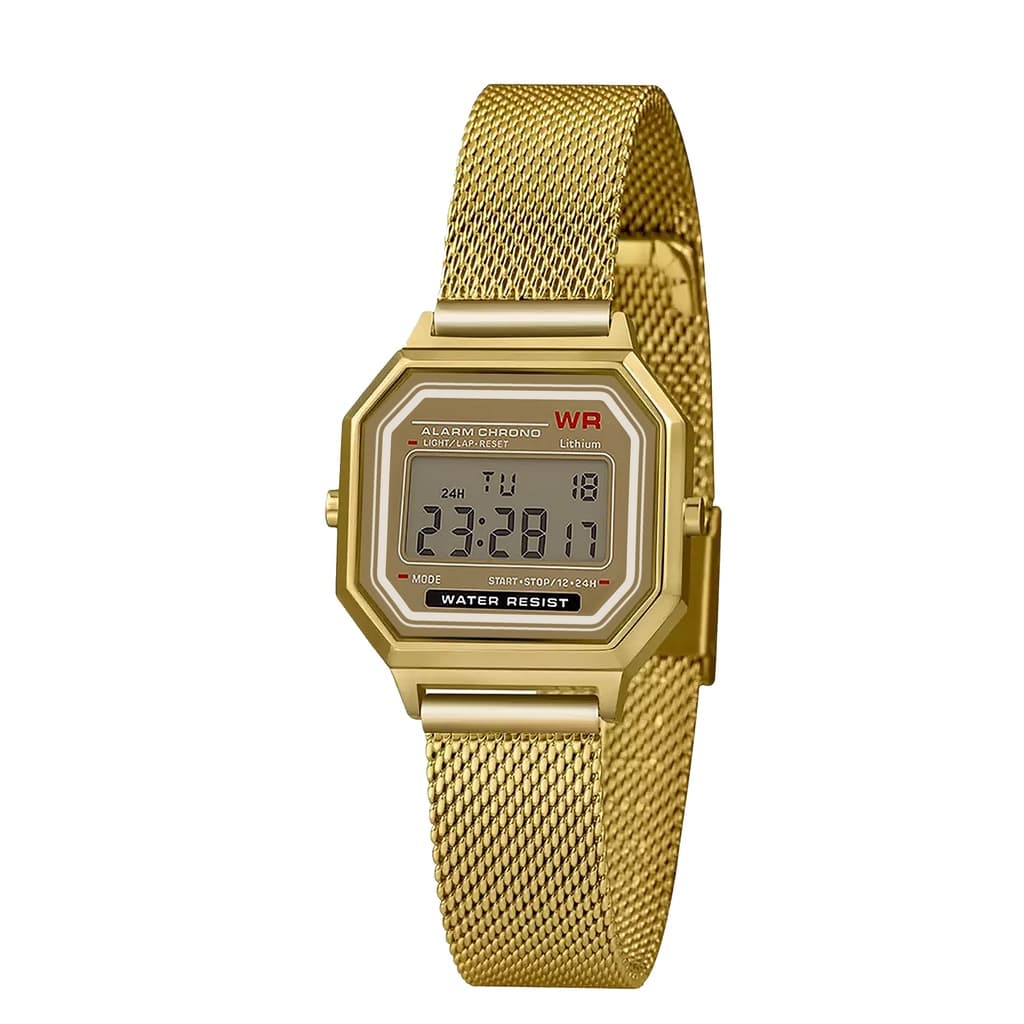 Queima de Estoque Relógio Ouro Dourado Digital De Pulso Led Malha Milanese Vintage Retrô  Prova D'água Gold