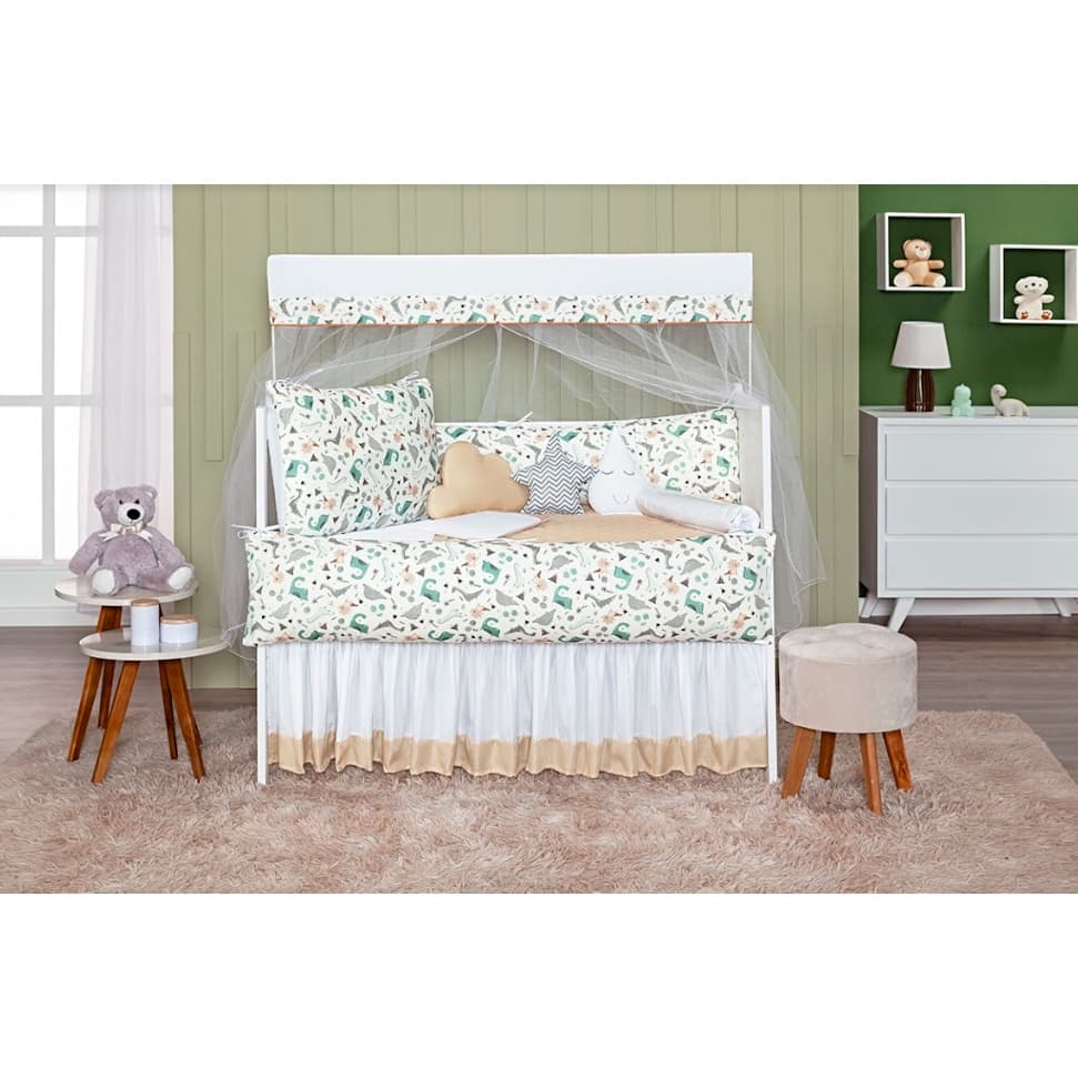 Kit de Berço Estampado Dino Bege Dinossauro Completo 8 Peças Padrão Americano Bebe Menino Menina Novidade