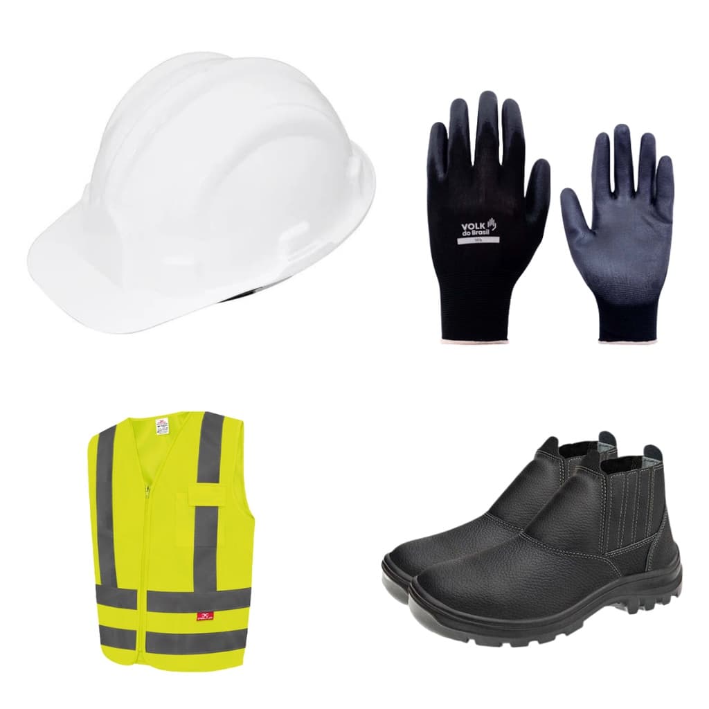 Kit Obras Pedreiro Luva Tatil Colete Capacete C/ Suspensao Protetor Auricular Botina Oculos Protecao