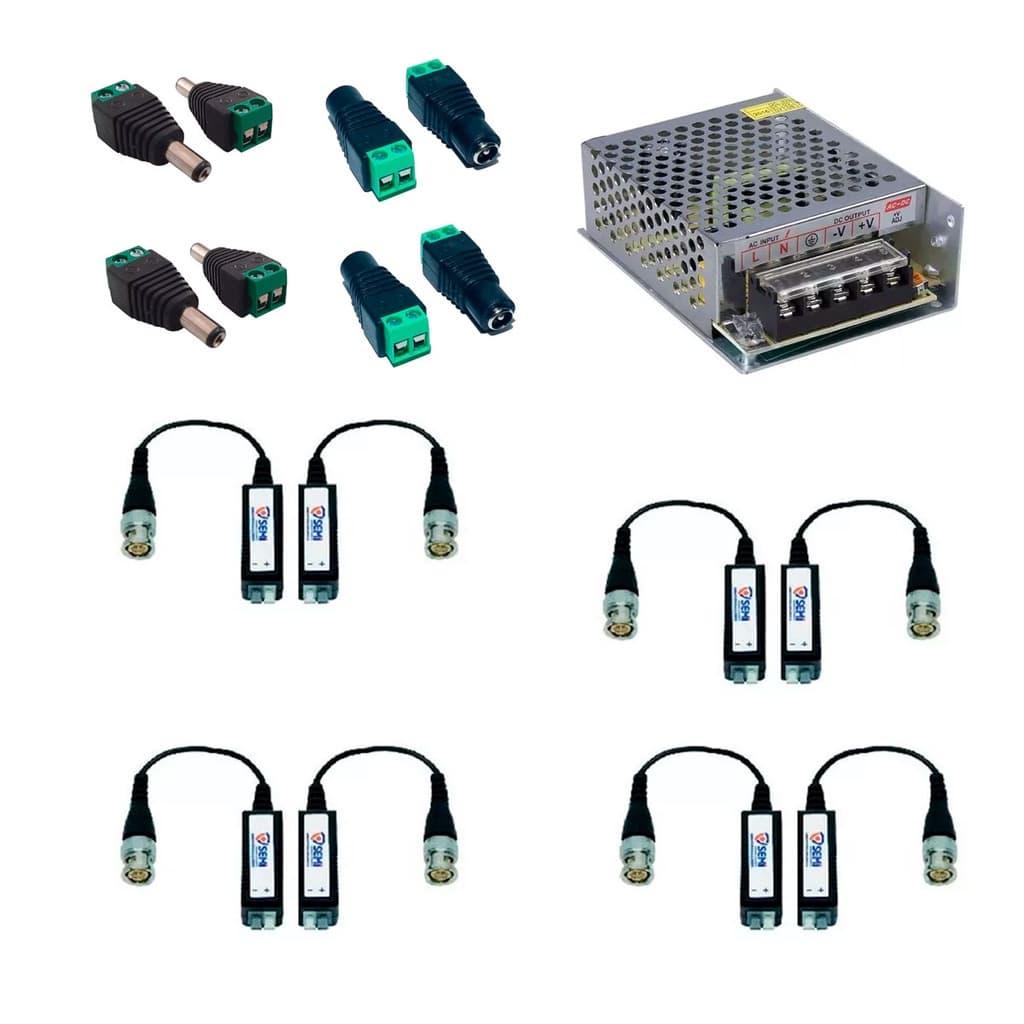 Video Balun CFTV para Camera Segurança + 4 Conector P4 Macho 4 Femea e Fonte 12v 5a