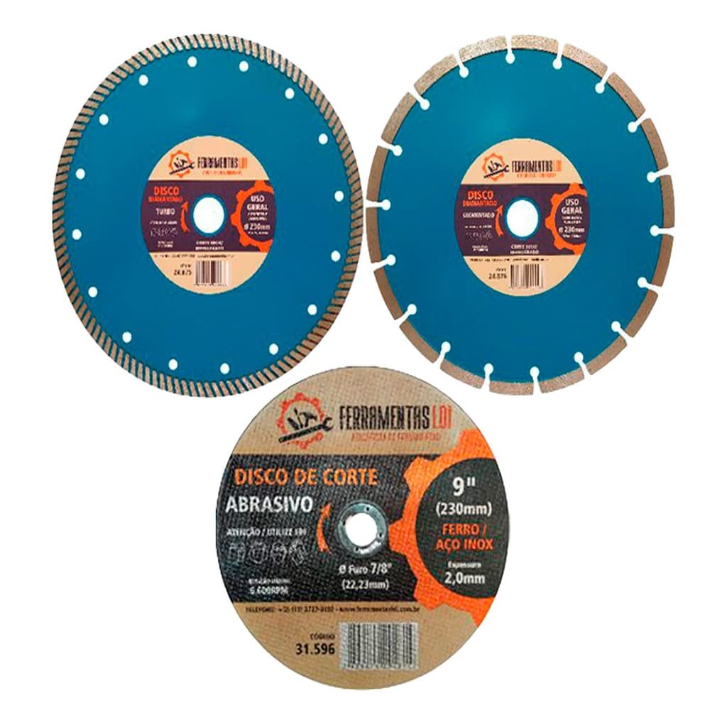 Kit 2 Discos de Corte 230 X 20mm 1 Turbo + 1 Segmentado + 1 Disco Corte Ferro