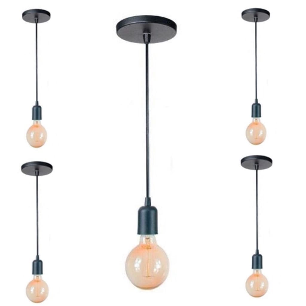 Kit 5 Luminárias de Teto Pendente Cabo Liso Preto com 2 Metros