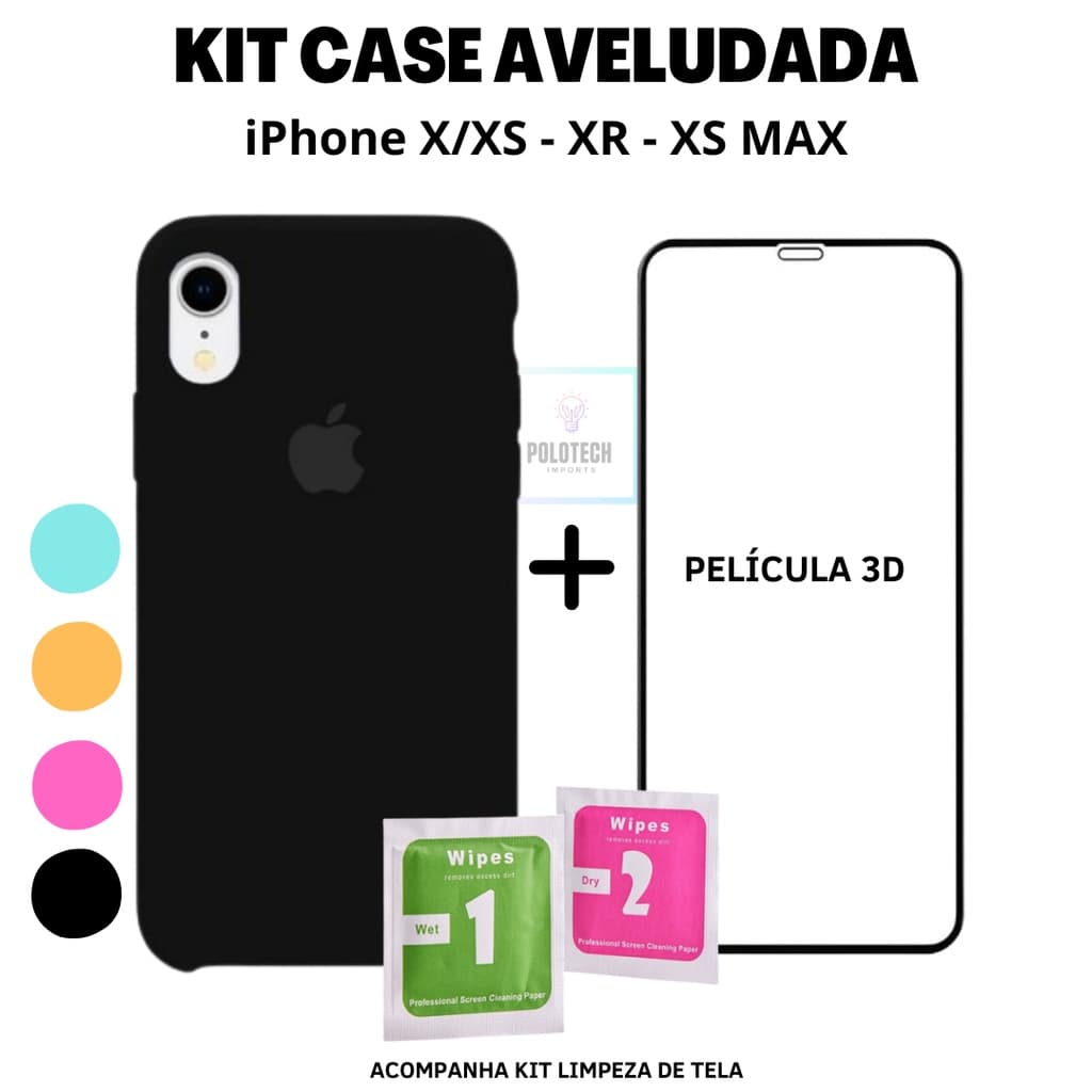 Capa Capinha IPhone X/XS, XR e XS Max Premium Silicone Com Logo + Película 3D + Kit Limpeza