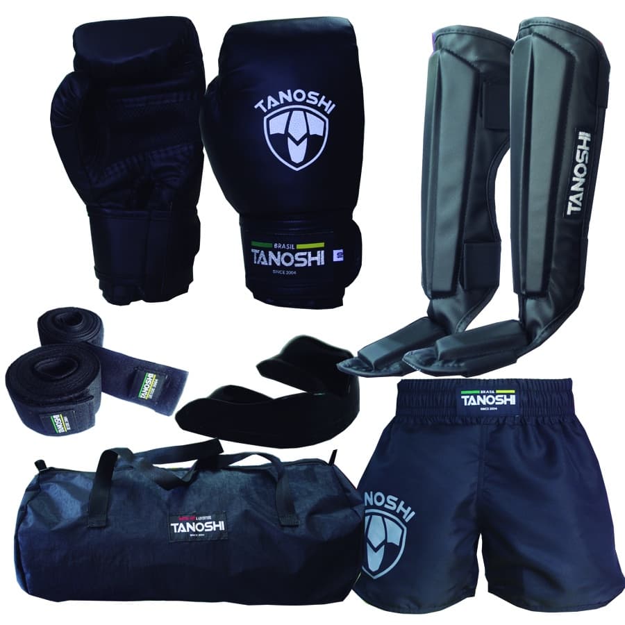 Kit Completo Muay Thai Black Preto com Luva Boxe, Caneleira, Shorts HTX, Bucal, Bandagem e Bolsa XSP