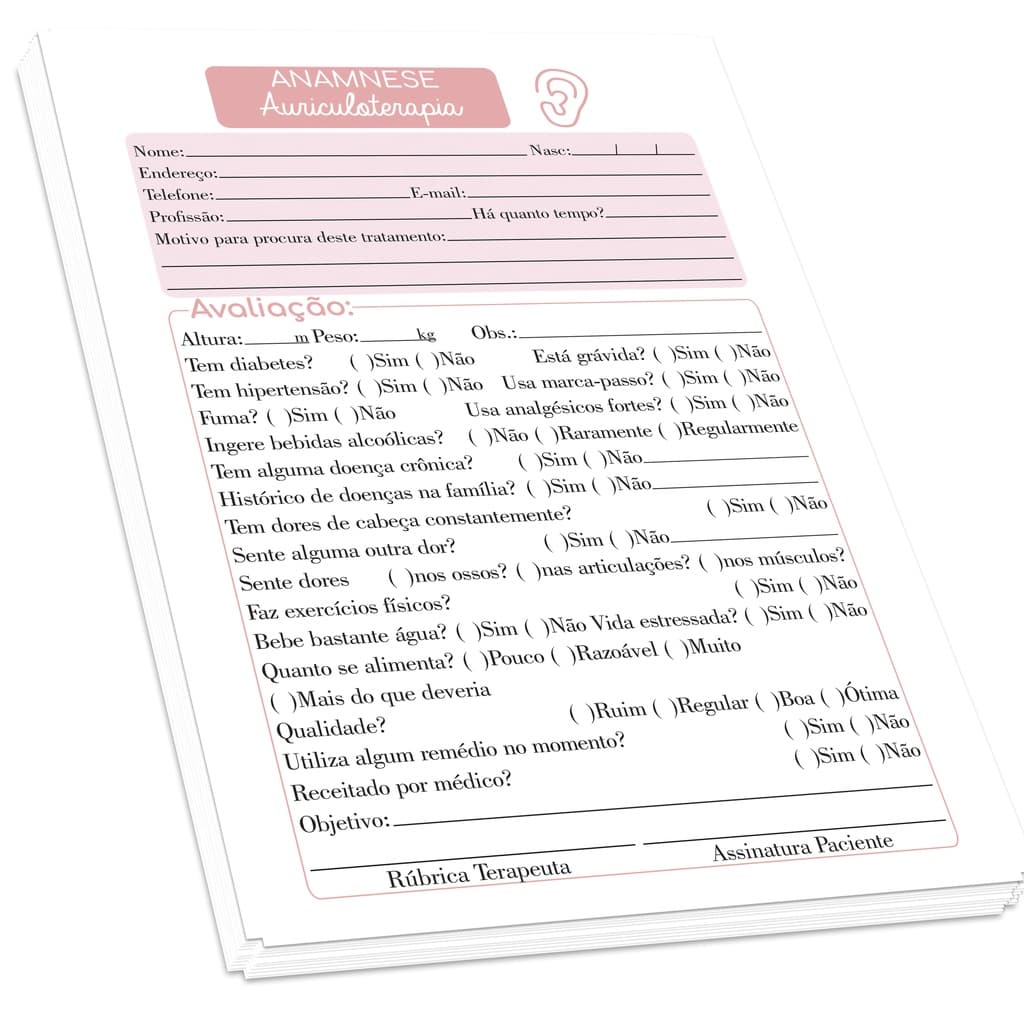 Ficha de Anamnese Auriculoterapia (100 folhas) - Bloco de Anamnese Auriculoterapia