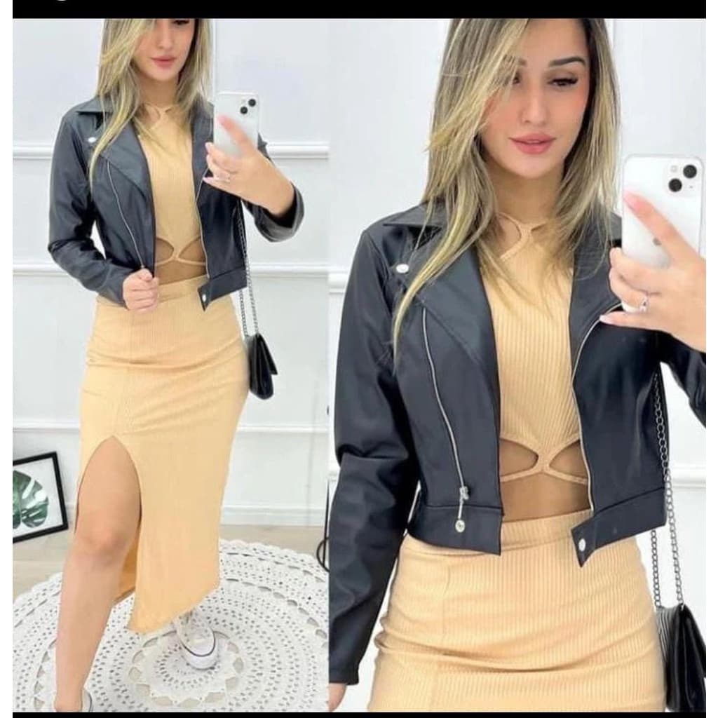 Jaqueta Couro Fake Ecológico Glamour Biker Feminina Com Ziper Elegante
