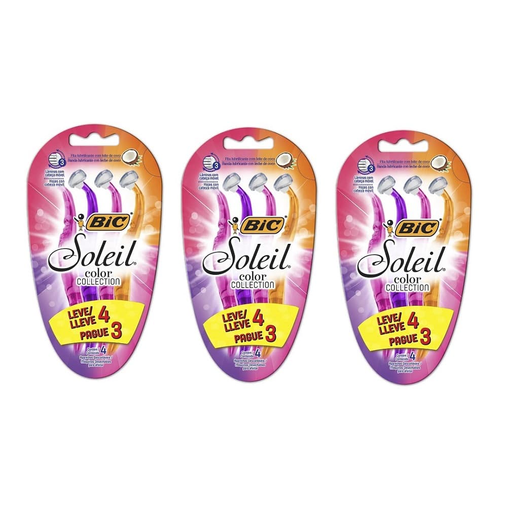 Kit 12 Un - Aparelho de Depilar BIC Soleil, 3 Lâminas, Dupla Fita Lubrificante, Rosa/Roxo/Laranja.