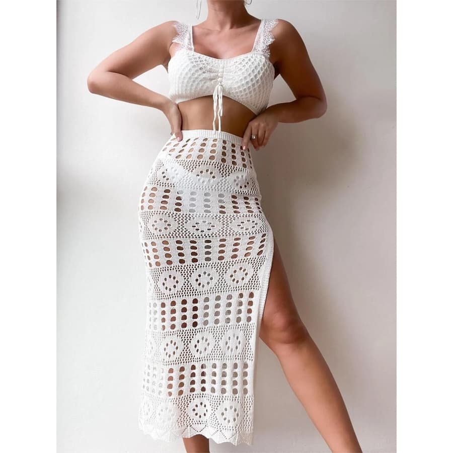 Saída de praia de crochê conjunto  saia + croped tendência