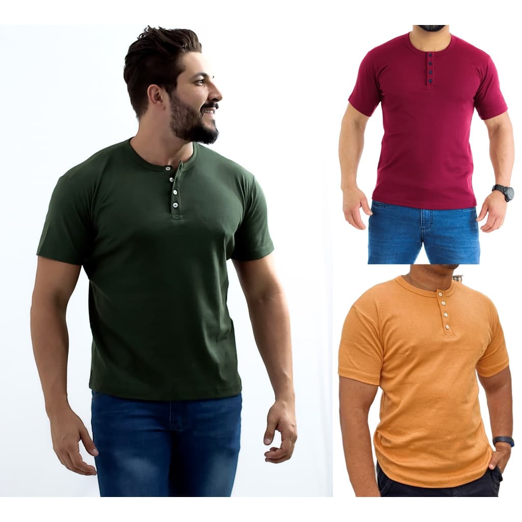 Camiseta Henley J Silver Slim Fit Manga Curta 4 Botões - Disponível em 3 cores