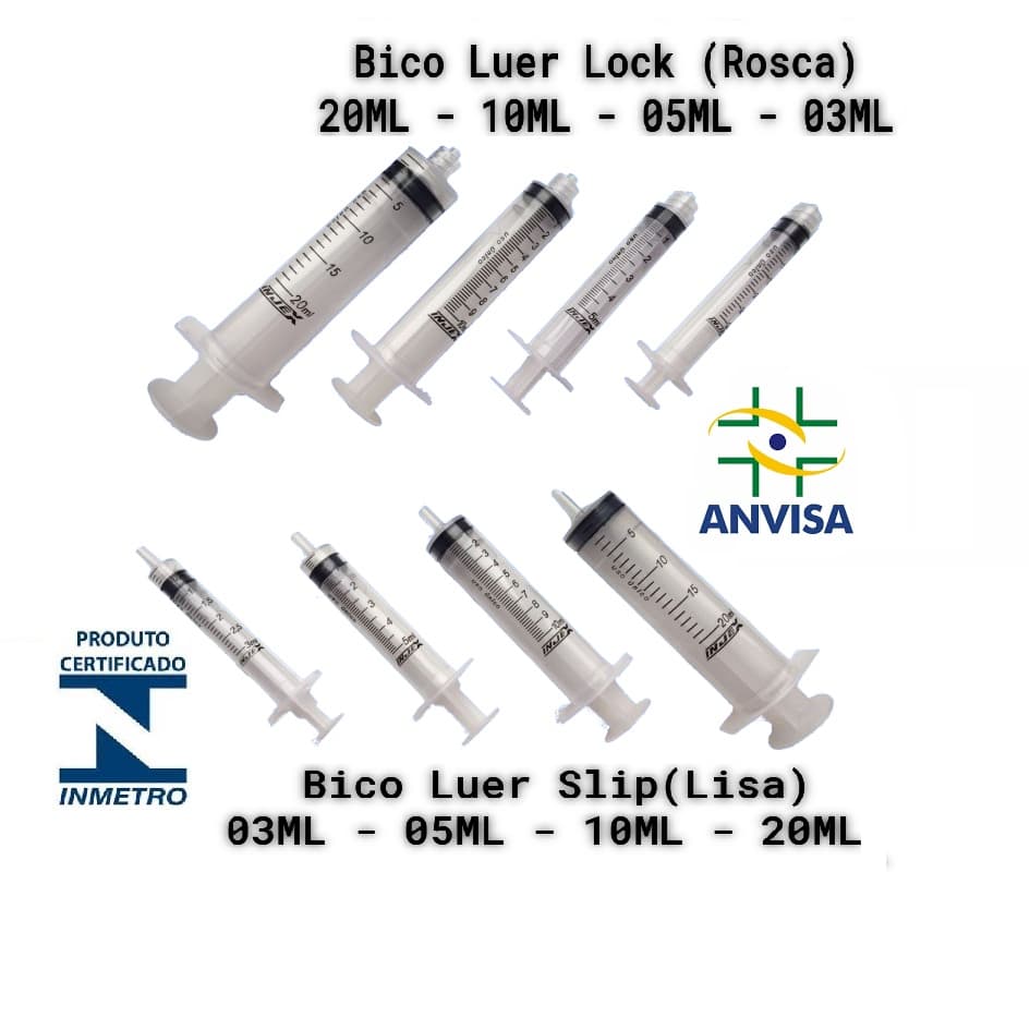 Seringa de 3ML / 5ML / 10ML / 20ML Bico Luer Slip (Liso) ou Luer Lock (Rosca)  3 ML / 5 ML / 10 ML / 20 ML