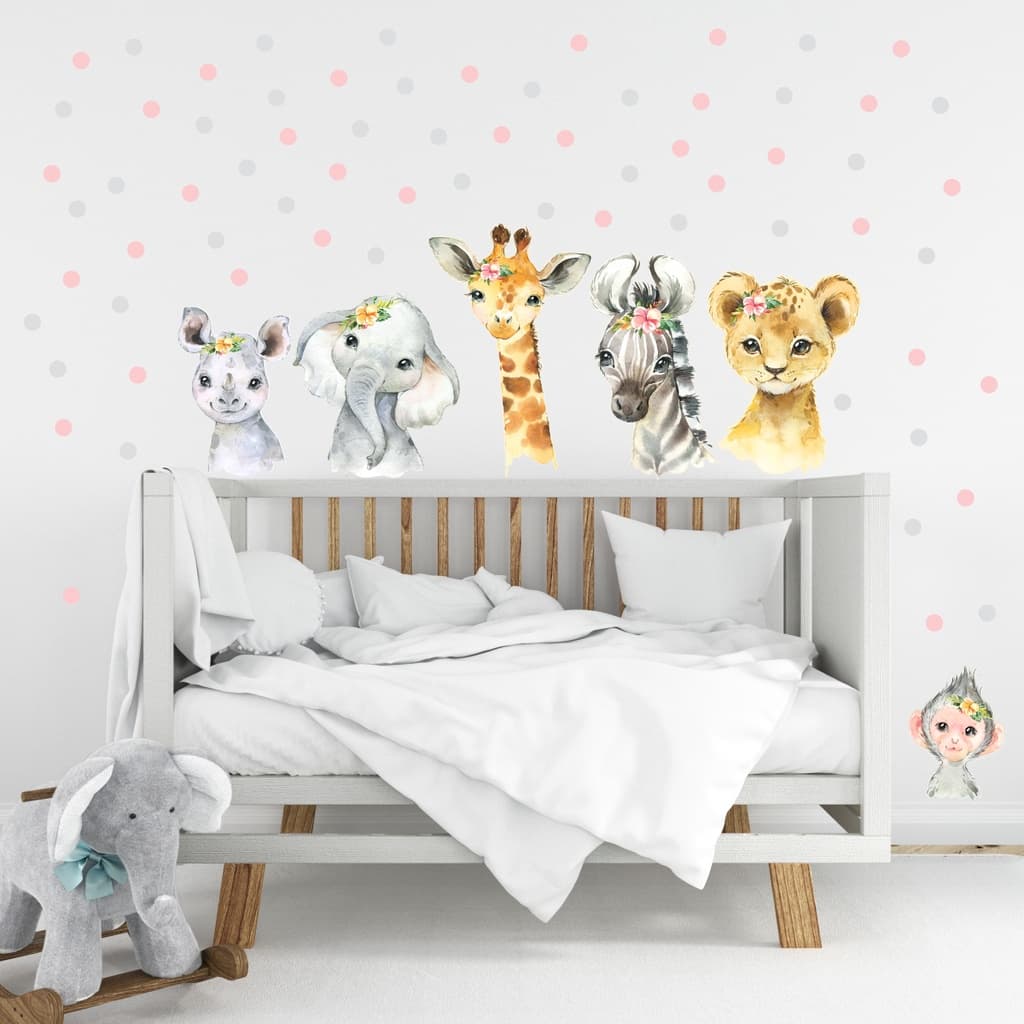 Adesivos De Parede Safari Animais Aquarela Realista E Bolinhas rosa e cinza Menina