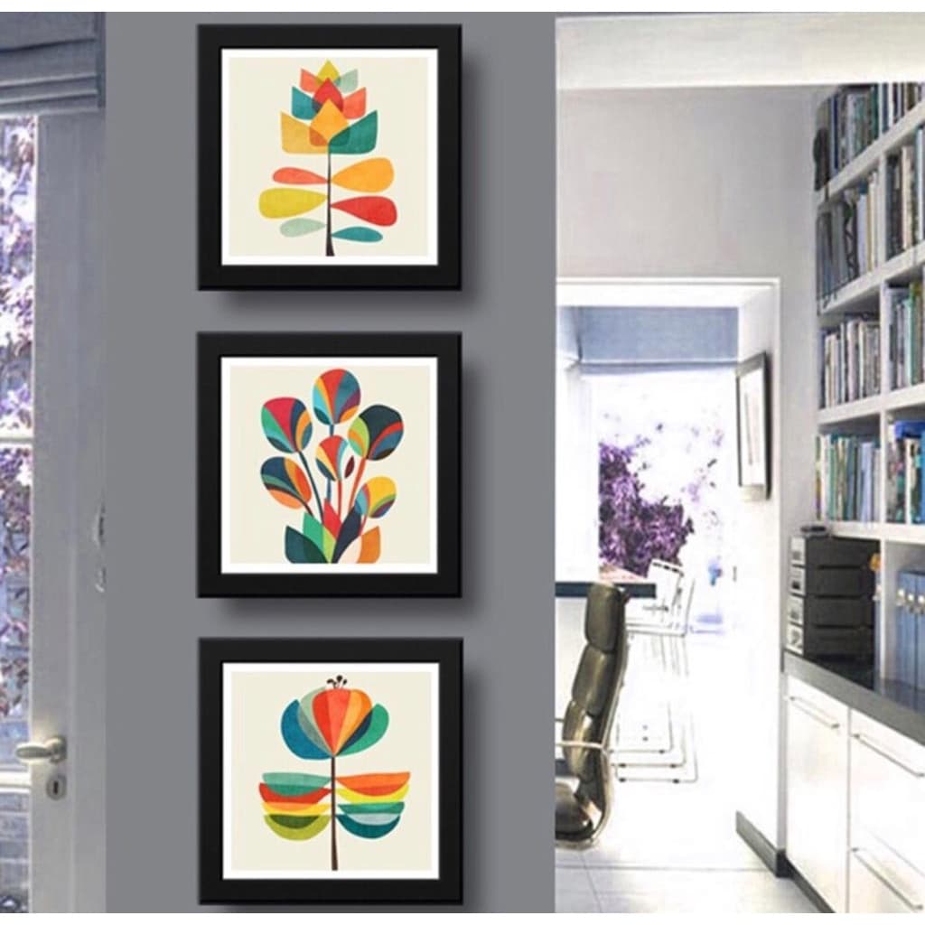 QUADROS DECORATIVOS GEOMÉTRICOS SALA DE JANTAR, RECEPÇÃO, ESCRITÓRIO, COPA, COZINHA, FLORES ABSTRATO KIT 3 PEÇAS DECORAÇÃO CASA