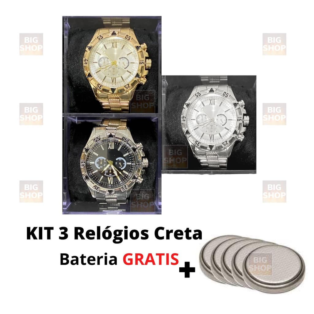 3 Relogios Masculino de Pulso Metal Dourado Prata Preto Com Caixinha Atacado Revenda