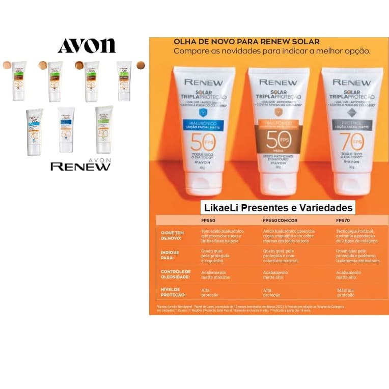 Renew Protetor Solar Advance Avon FPS 50 ou 70 - Contem 40g; Invisivel ou com cor
