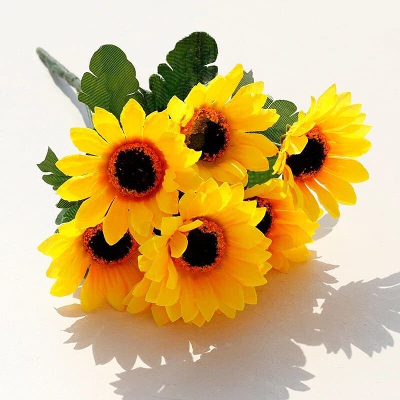 Buquê de Girassol artificial com 7 flores para arranjos e decoração de casamento, casa, festas e eventos
