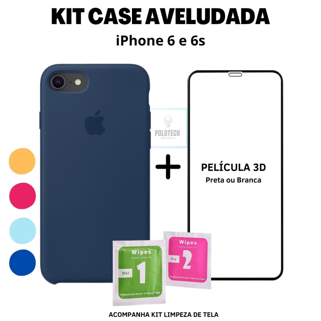 Kit Capinha iPhone 6s Premium Silicone Com Logo + Película 3D + Kit Limpeza
