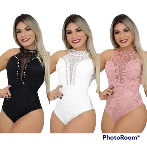 Body Renda Rendado Frente Única Decote V Pérolas E Guippir