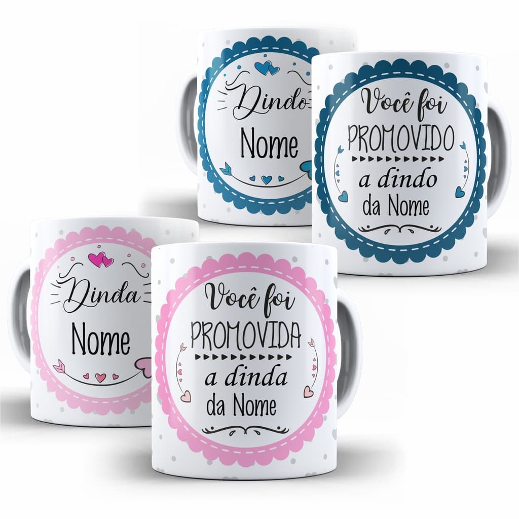 Kit 2 Canecas Dindo e Dinda com nome, frase e foto Personaliza