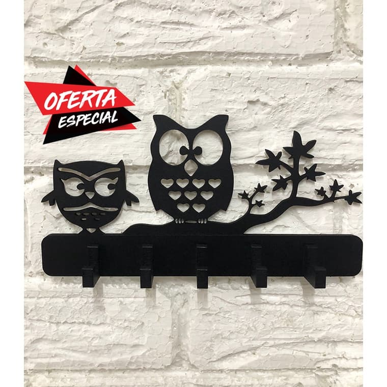 Porta Chaves Corujinhas Galho em MDF Preto Fosco com 5 Ganchos