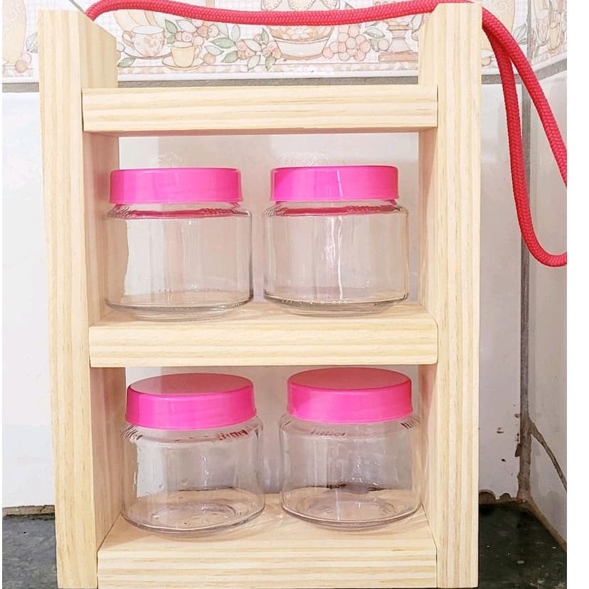 Porta Tempero com 4 Potes de Vidro Prateleira para cozinha Porta tempero ou condimentos