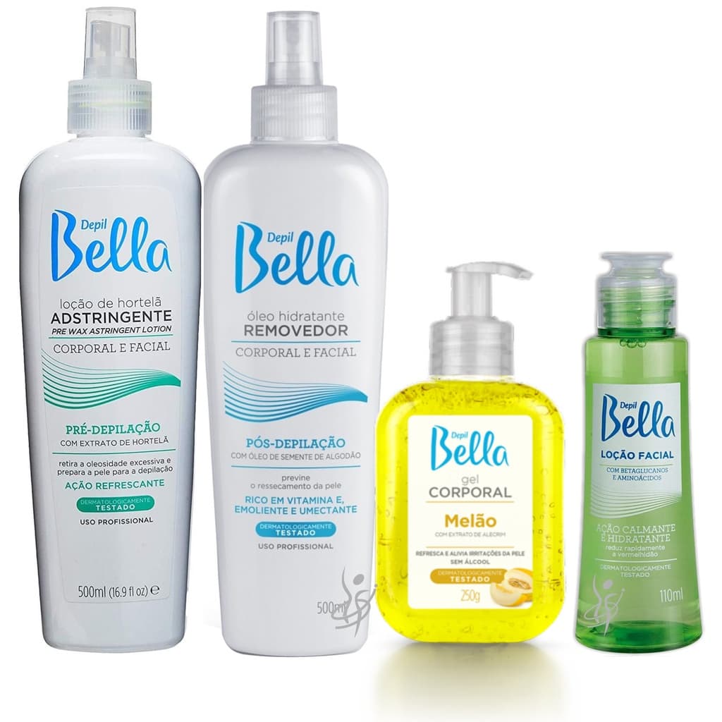 Loção Adstringente hortelã 500ml + Óleo Removedor 500ml + Gel Calmante Melão 250ml + Loção Calmante 110ml Depil Bella