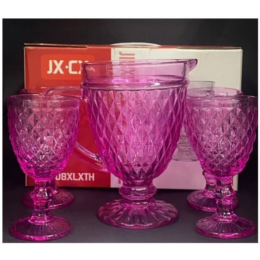Jogo de Jarra de 1 litro e 4 taças  240 Ml  bico de abacaxi rosa c/ caixa presente  - GMB Imports