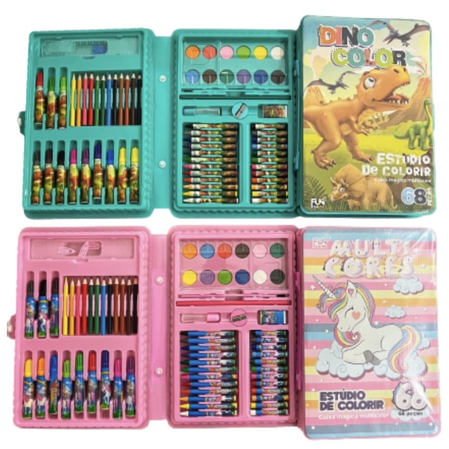 Estojo 24/48/49/68 Psc Maleta Pintura Infantil Canetinhas Giz Lápis + Desenhos Para Colorir, Fanwix