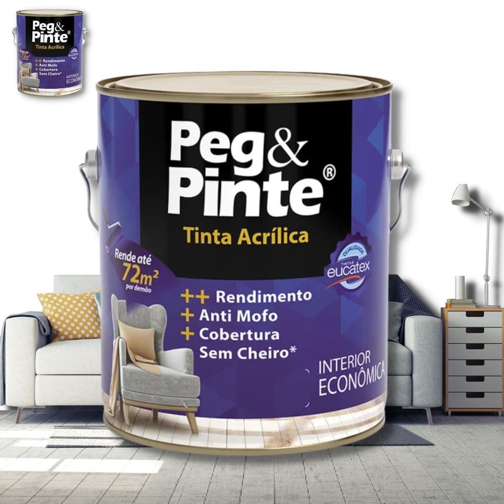 Tinta Acrílica Econômica Branco Neve Fosca Peg & Pinte Eucatex 3,6L Sem Cheiro, Antimofo