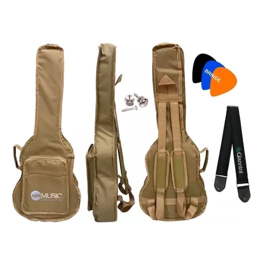 CAPA BAG LUXO ALMOFADADA CARGO PARA VIOLAO FOLK GIANNINI BEGE + CORREIA +ROLDANA + PALHETA