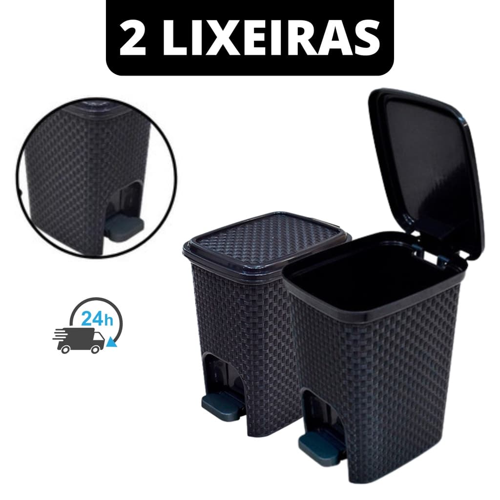 2 kit Lixeiras Com Pedal 7 Litros Com Tampa Preto Rattan Casa Escritório Banheiro Cozinha Lixo Lixeira