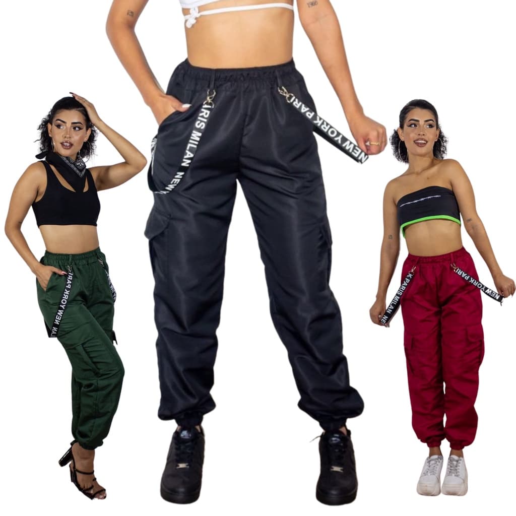 Calça Feminina Tactel Jogger Cargo Bomber Suspensório Militar Calça Preto verde Militar vinho