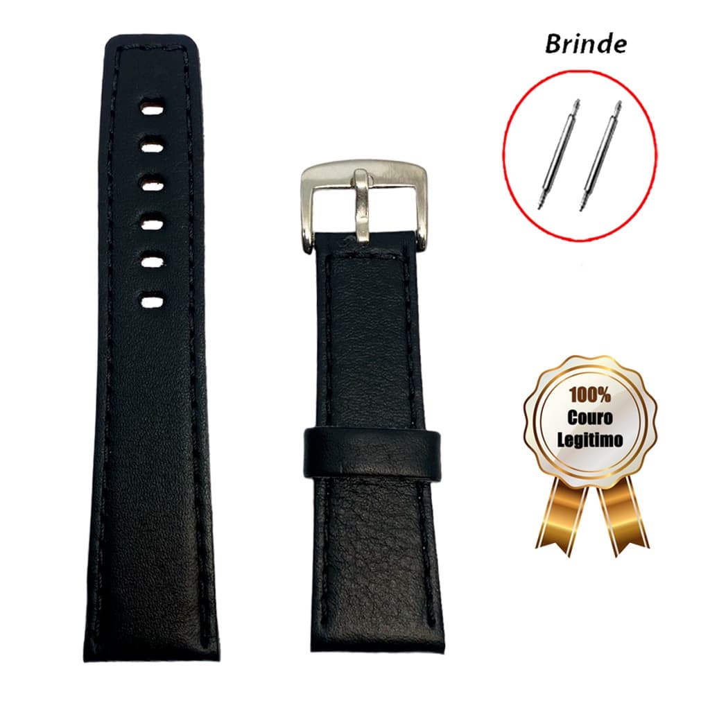 Pulseira de Couro Para Relógio Masculino Feminino de Pulso - 100% Couro - Preto - 18mm 20mm 22mm 24mm