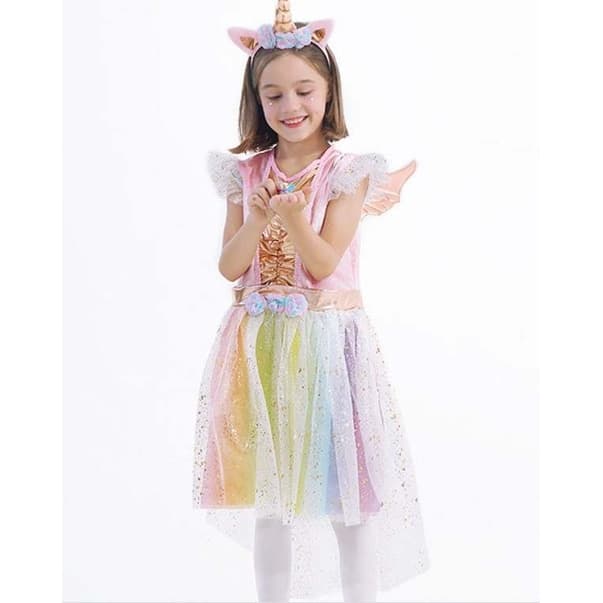 Vestido Colorido Fantasia Infantil De Unicórnio + Asa e Tiara