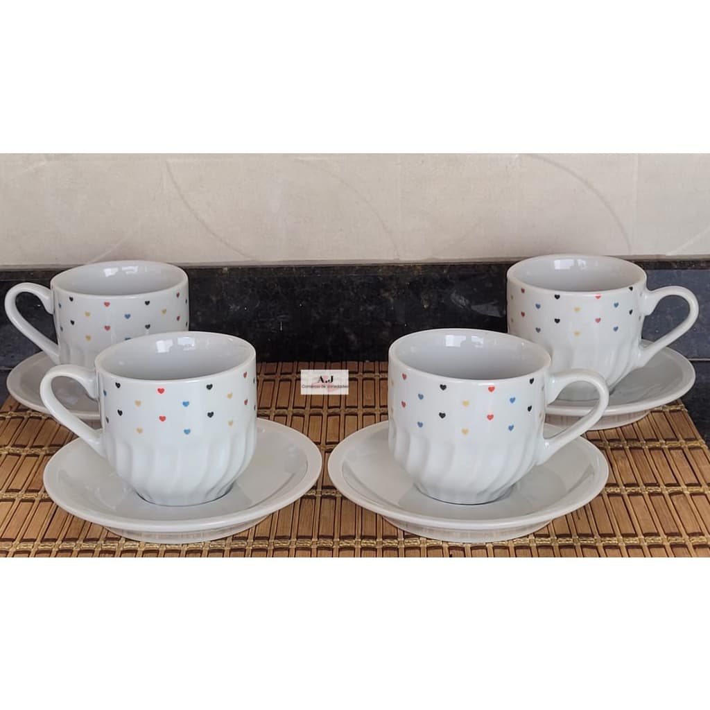 Jogo 4 Xicaras Café Chá 250ml decoradas com Pires