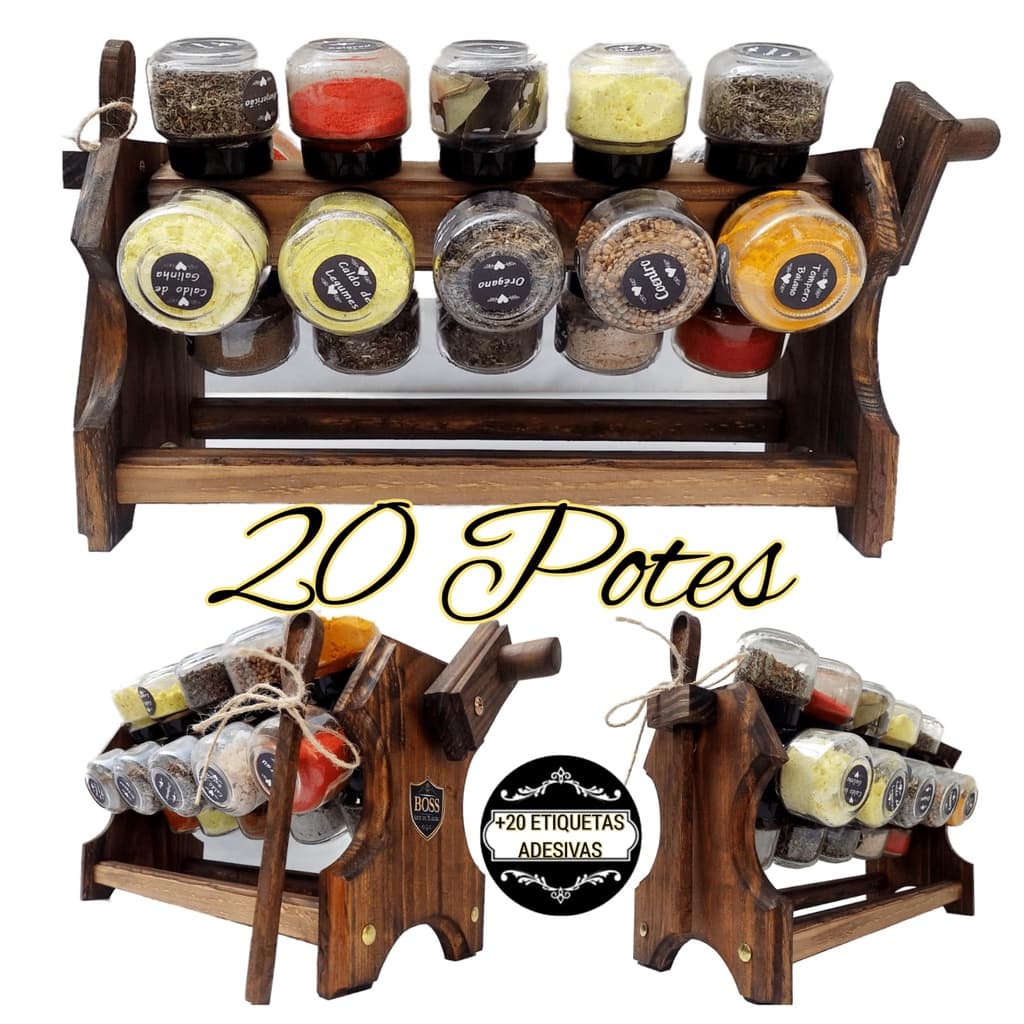 Porta Temperos Condimento Giratório em Madeira com 20 Potes + colher + Etiquetas adesivas