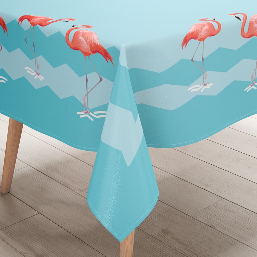 Toalha de Mesa Retangular Decorativa Serve 4 e 6 Lugares Flamingos Fundo Azul Dcorô