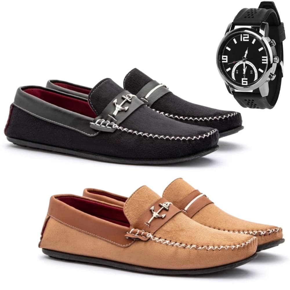 Kit 2 Pares De Mocassim Casual Masculino Conforto + Relogio Ponteiro