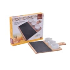 CONJUNTO PETISQUEIRA PORCELANA 3 PECAS 60ML + BANDEJA BAMBU E PLACA ARDOSIA