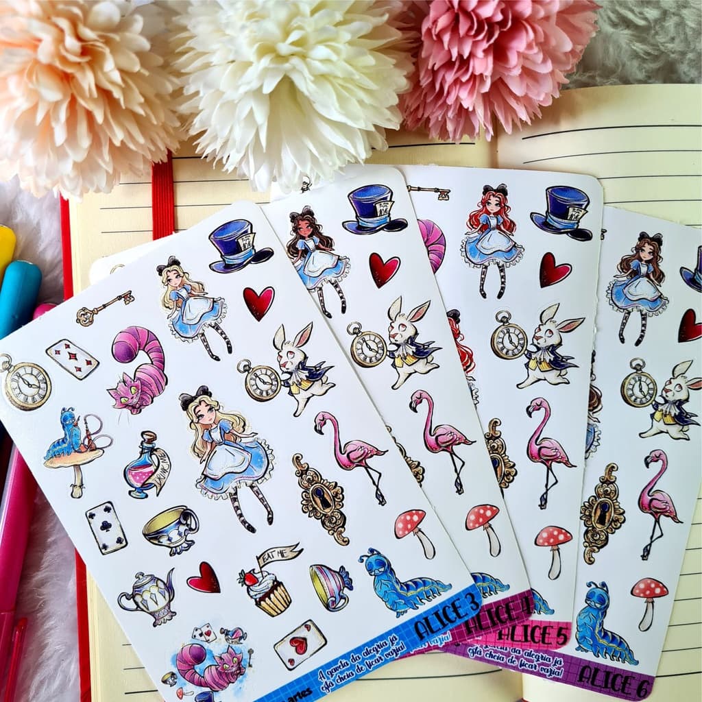 Cartela de Adesivos Alice no Pais das Maravilhas Vinil à Prova d'Água Planner Scrapbook lembrancinha