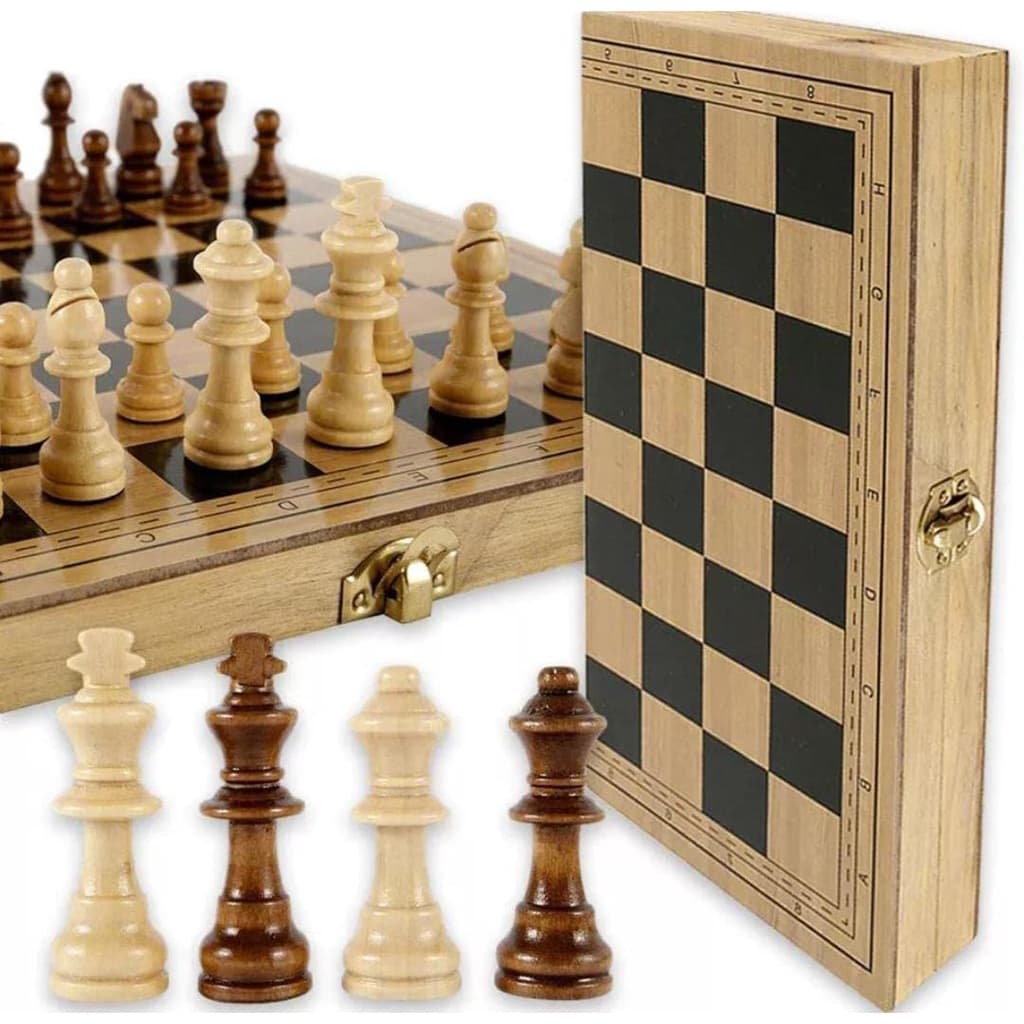 Jogo de Xadrez Tabuleiro De Madeira 3 Em 1 Xadrez / Dama E Gamão 39 X 39 Cm