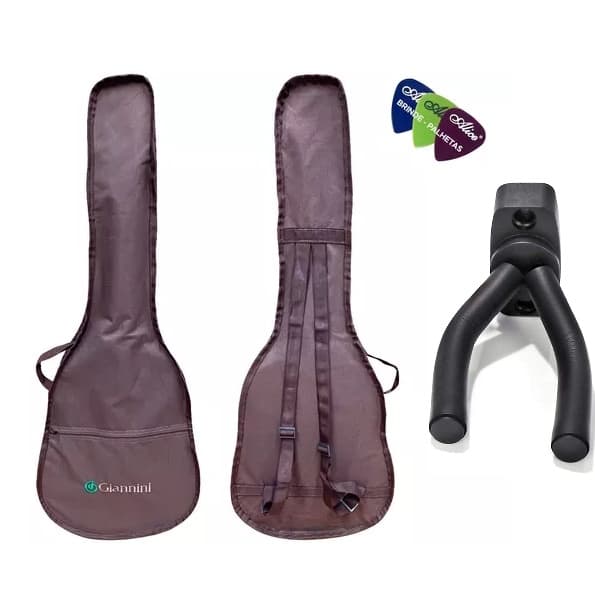 CAPA PARA VIOLAO FOLK SIMPLES GIANNINI MARROM SUPORTE E PALHETA