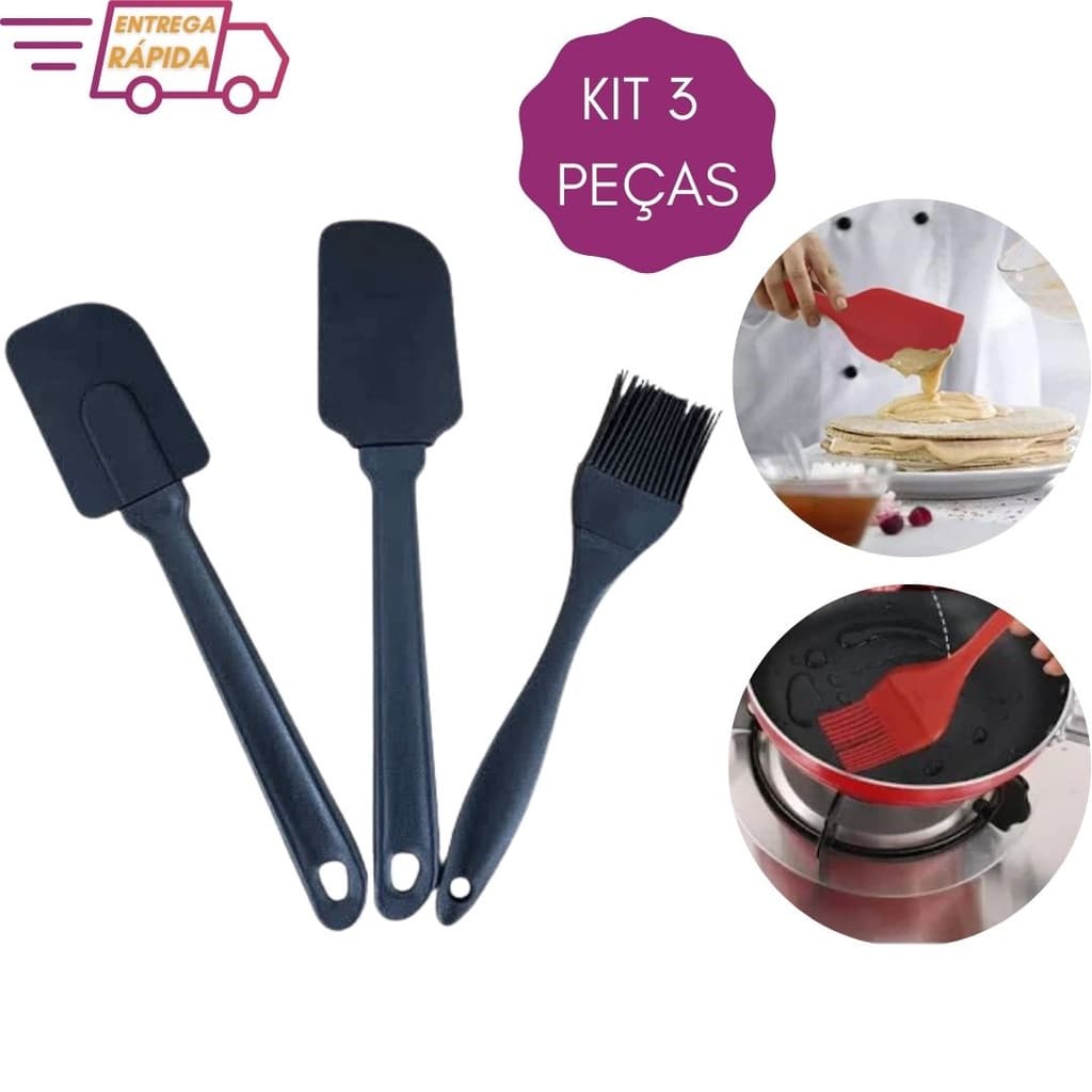 Kit 3 Peças Espátulas e Pincel Culinário de Silicone para Cozinha