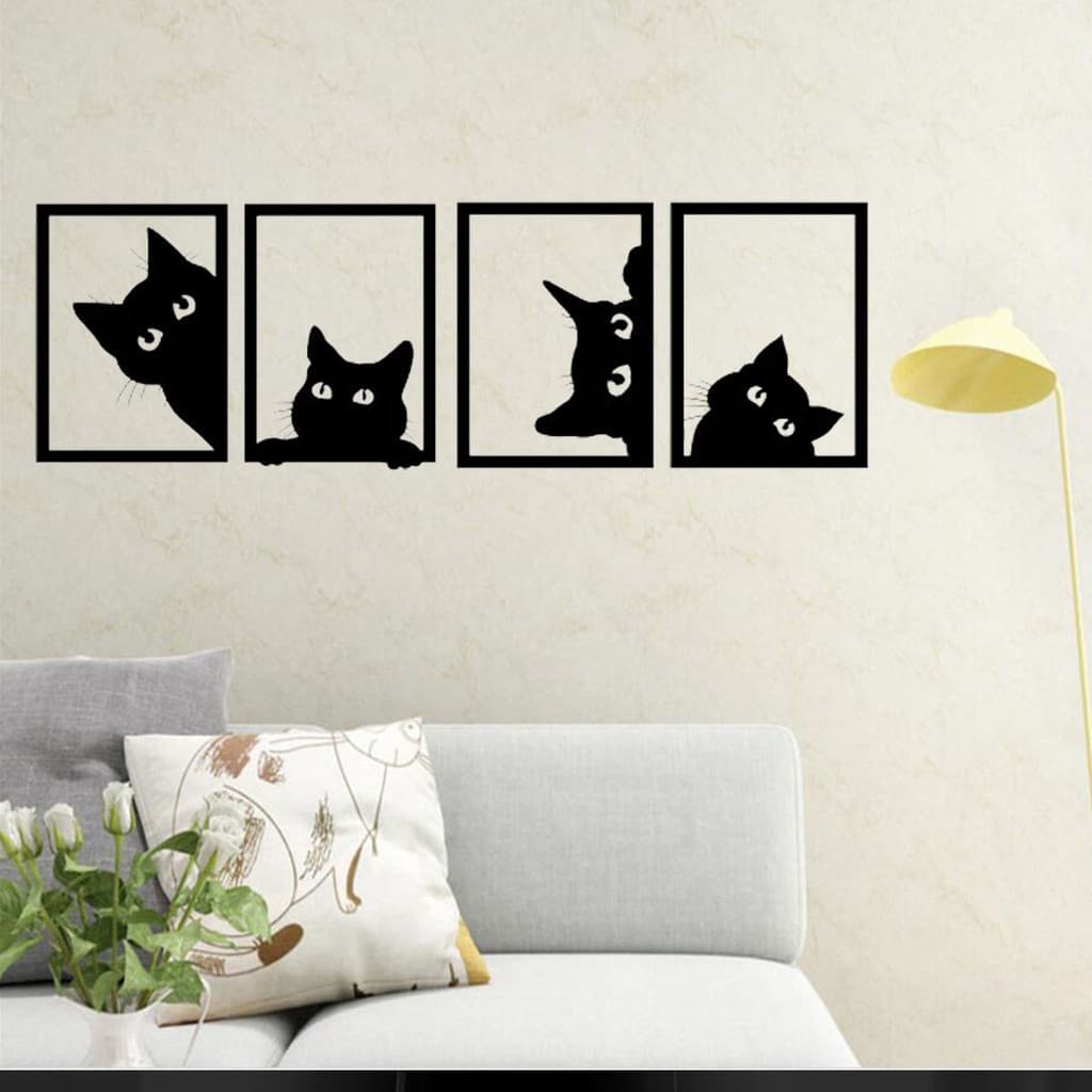 Kit 4 Quadro Vazado Gato Preto Cat Decorativo mdf Escultura de Parede Casa Sala Quarto pet