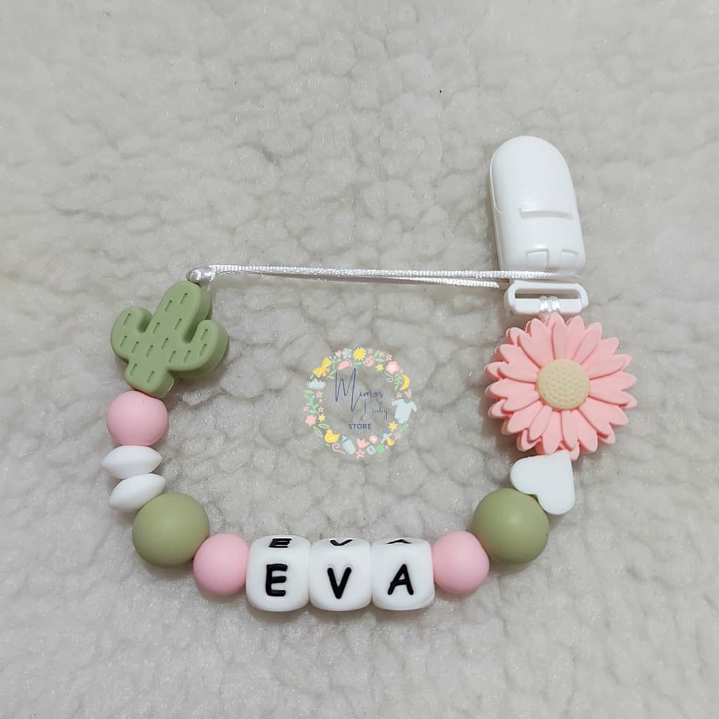 Prendedor de Chupeta e Mordedor Personalizado com Nome do Bebê de Silicone Cacto e Flor